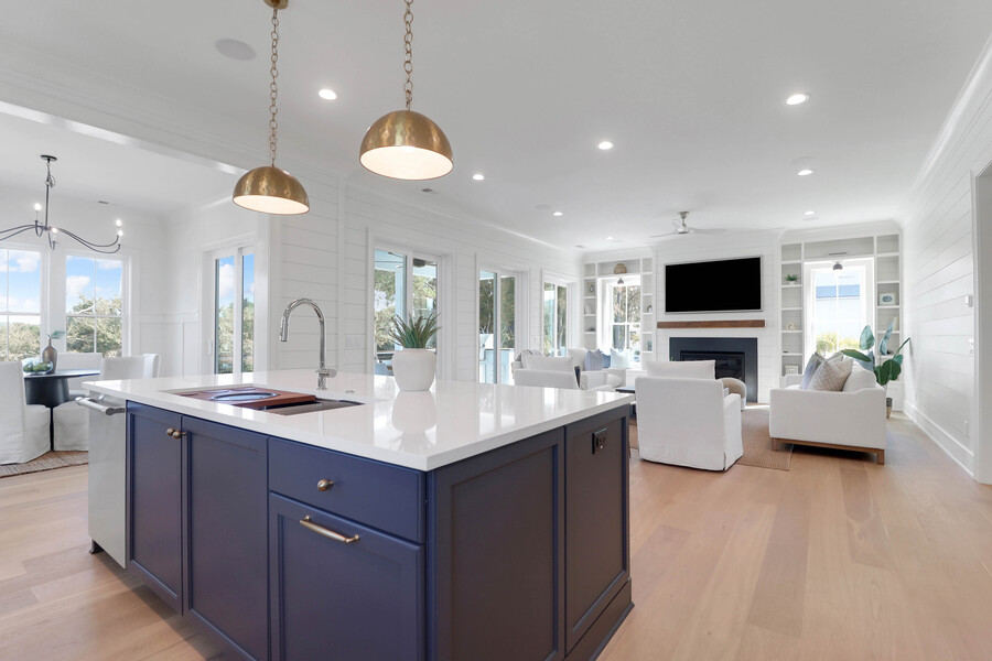 Modern open-concept kitchen and living area staged for home sale